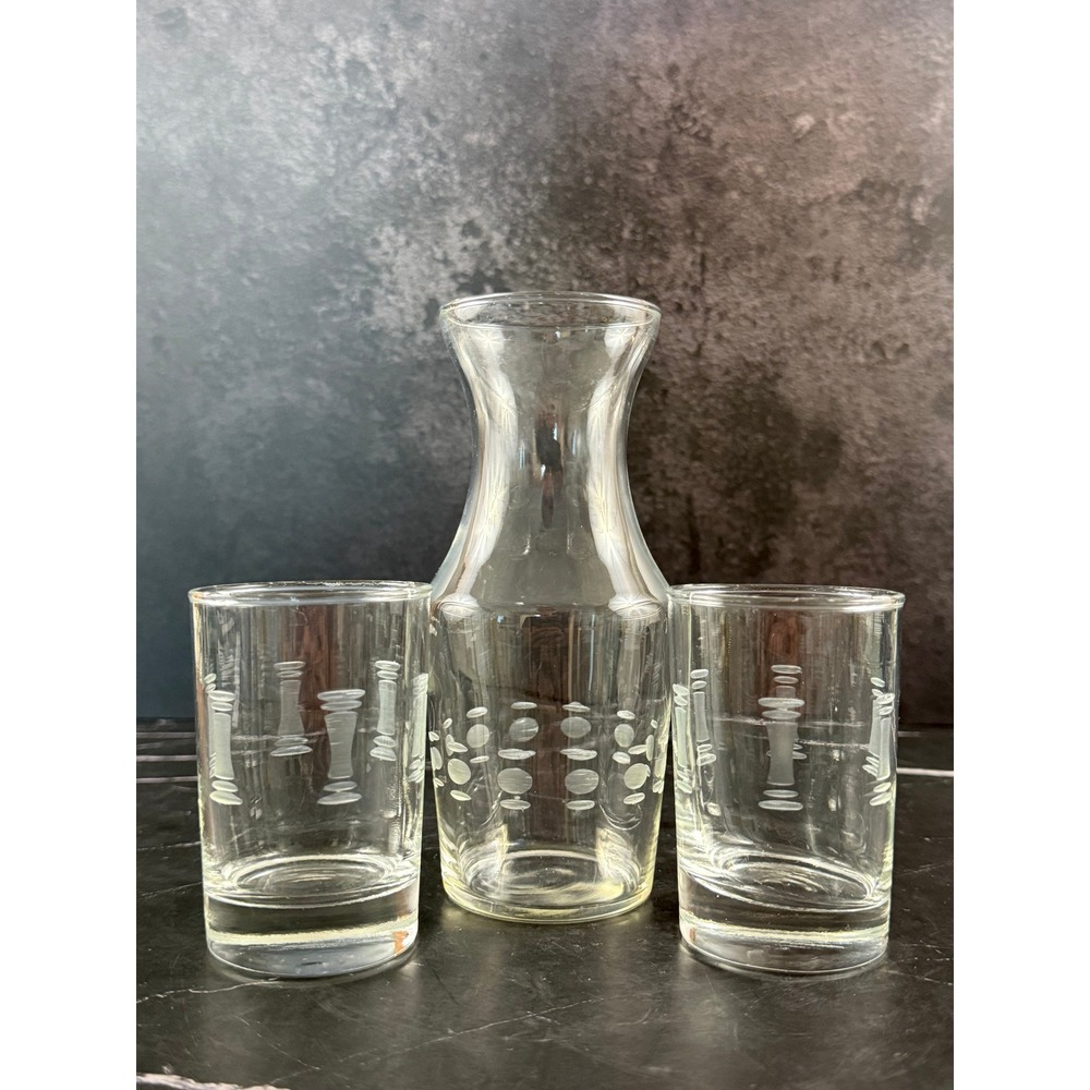 VTG 3-Piece Set MCM Geometric Etched Carafe and Two Lowball Mini Glasses MINT!